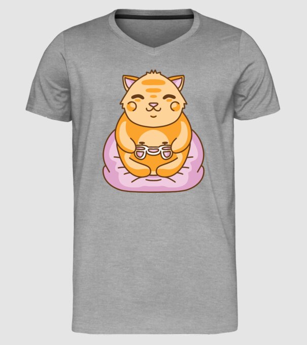 Pisică Gamer Kawaii model gri pe tricou