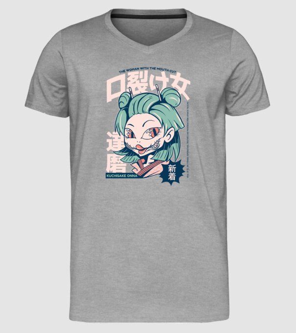 Kuchisake Onna Yokai Anime model gri pe tricou
