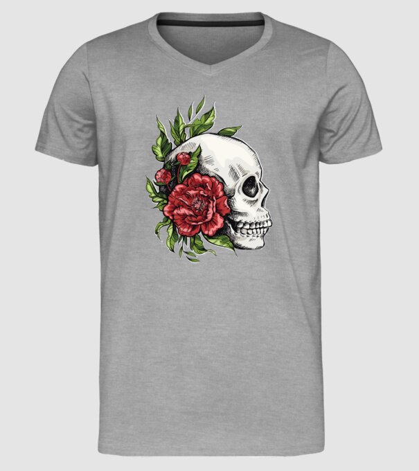 Trandafiri și craniu model gri pe tricou