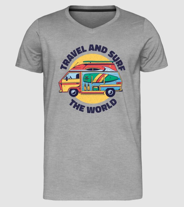 Călătorie și Surf în jurul lumii model gri pe tricou