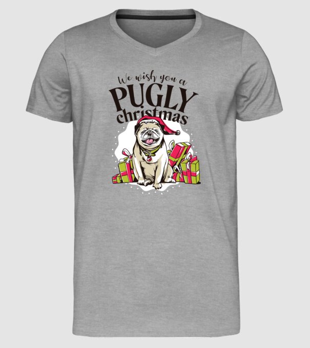 We wish You a Pugly Christmas tricou cu mops model gri pe tricou