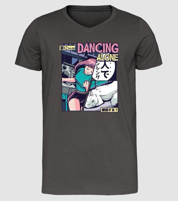Anime Vaporwave Dancing Alone model gri închis pe tricou