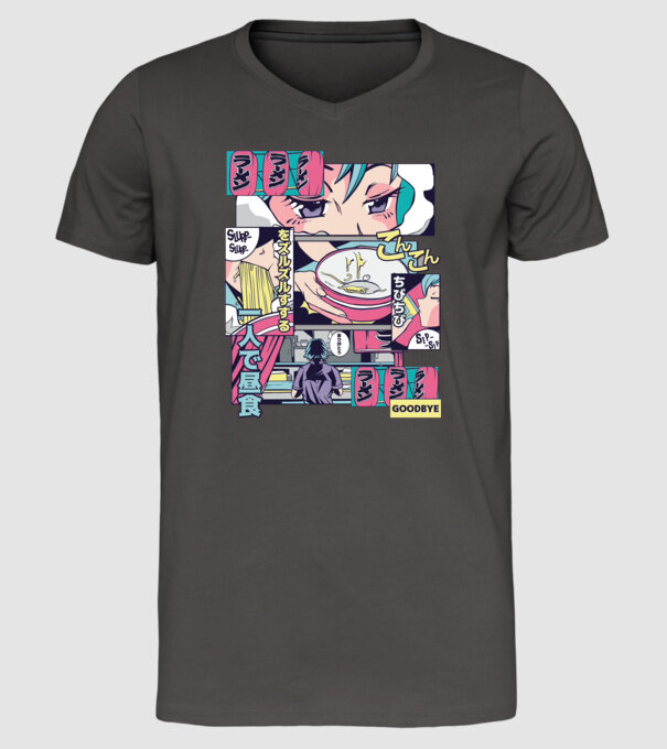 Anime Vaporwave Ramen model gri închis pe tricou