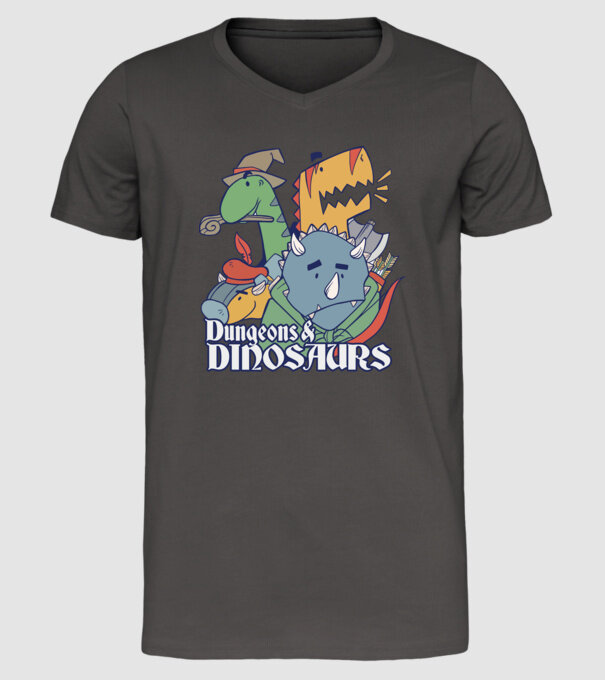 Dungeons and Dinosaurs model gri închis pe tricou