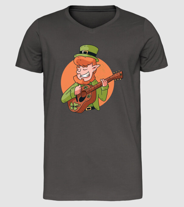 Chitarist Leprechaun irlandez St Patrick model gri închis pe tricou