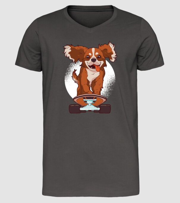 Skateboarding Cavalier King Spaniel model gri închis pe tricou