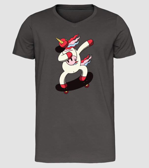 Skateboarder Unicorn DAB model gri închis pe tricou