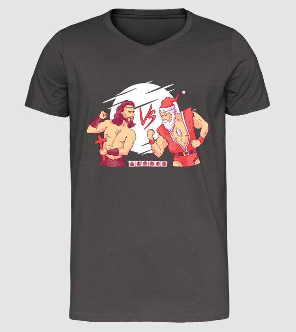 Isus vs Moș Crăciun Street Fighter tricou amuzant Crăciun model gri închis pe tricou