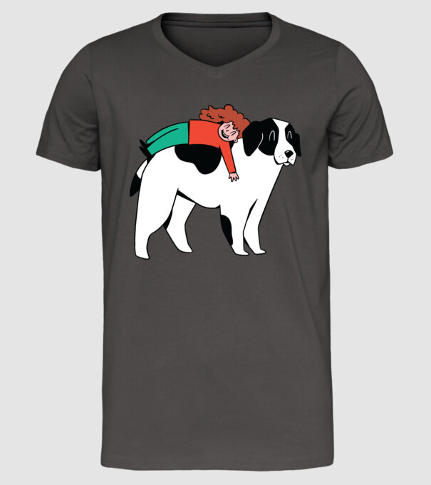 Fetiță cu câine model gri închis pe tricou