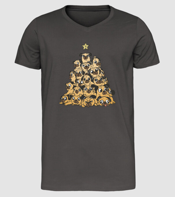 pom de Crăciun cu cățel (mops) model gri închis pe tricou