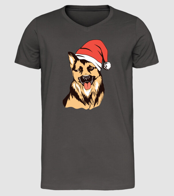 Ciobănesc german în căciulă de Moș Crăciun model gri închis pe tricou