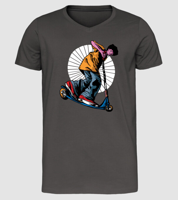 Copil cu trotinetă model gri închis pe tricou