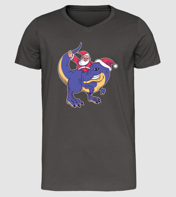 Santasaurus Moș Crăciun pe dinozaur model gri închis pe tricou