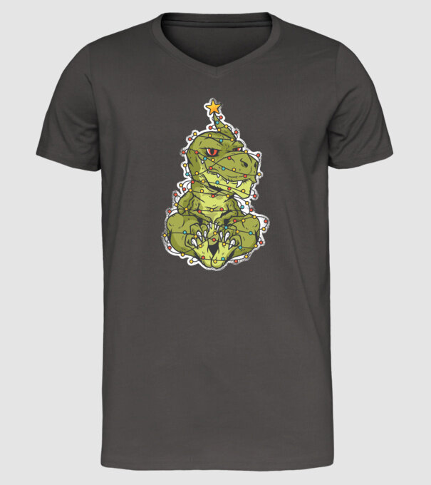 Dinozaur T-rex Pom de Crăciun tricou model gri închis pe tricou