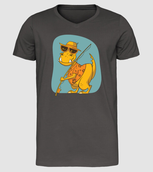T-rex Pescar model gri închis pe tricou