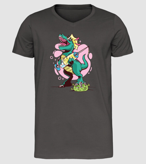 T-rex Vaccin model gri închis pe tricou
