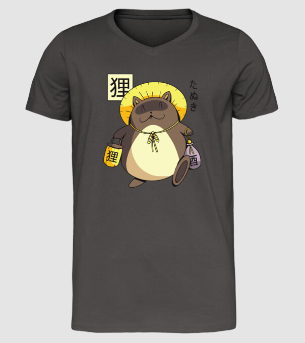 Tanuki Yokai model gri închis pe tricou
