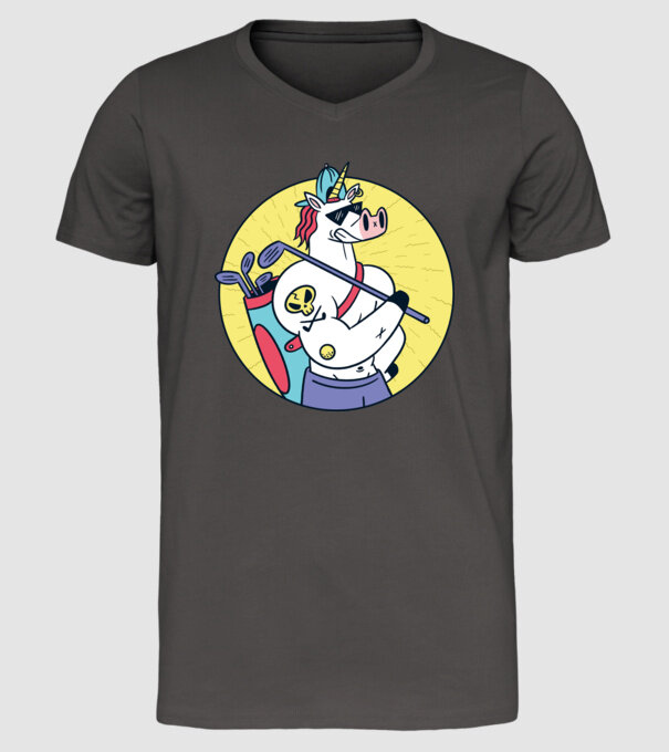 Unicorn Golf model gri închis pe tricou
