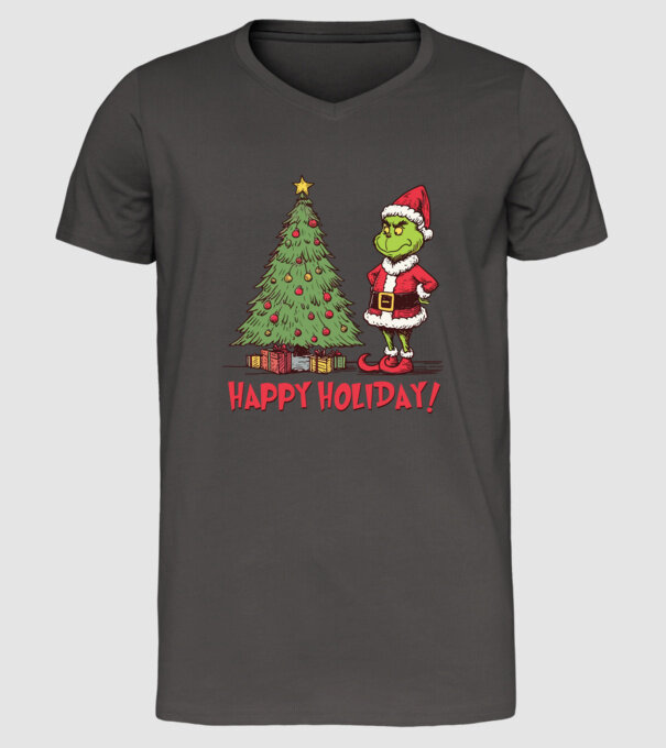 Happy Holiday Grinch model gri închis pe tricou