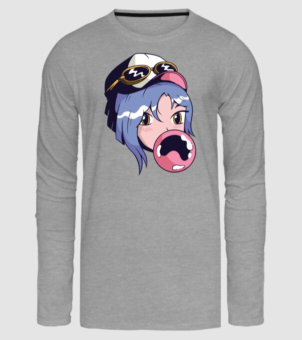 fată Anime cu gumă de mestecat model gri pe tricou