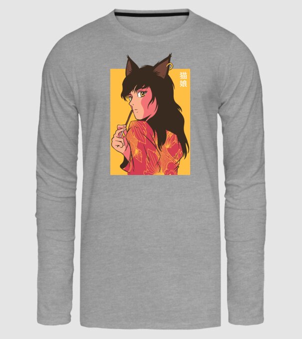 Pisică Fată Anime model gri pe tricou