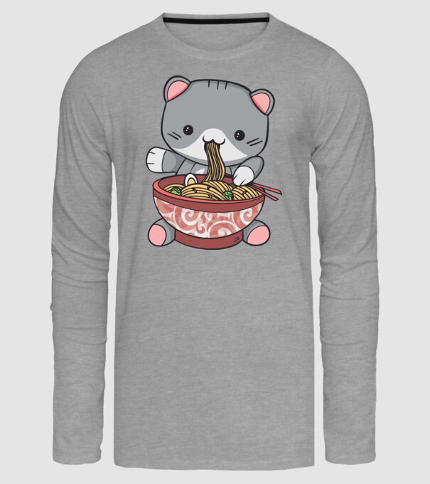 Pisică Kawaii Ramen model gri pe tricou