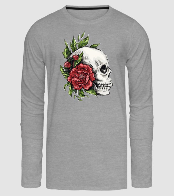 Trandafiri și craniu model gri pe tricou