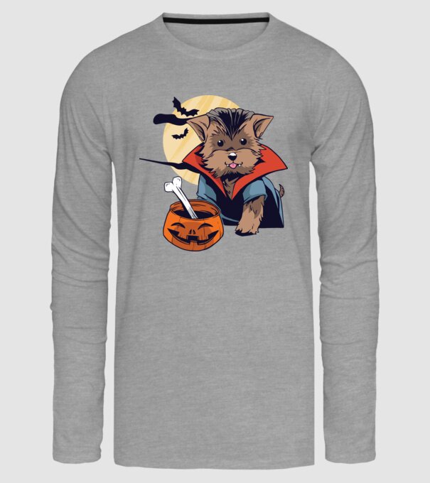 Vampir Yorkie Halloween model gri pe tricou