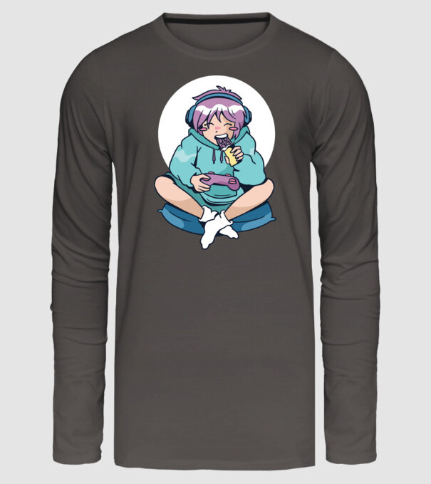 Anime Gamer Fată cu ciocolată model gri închis pe tricou