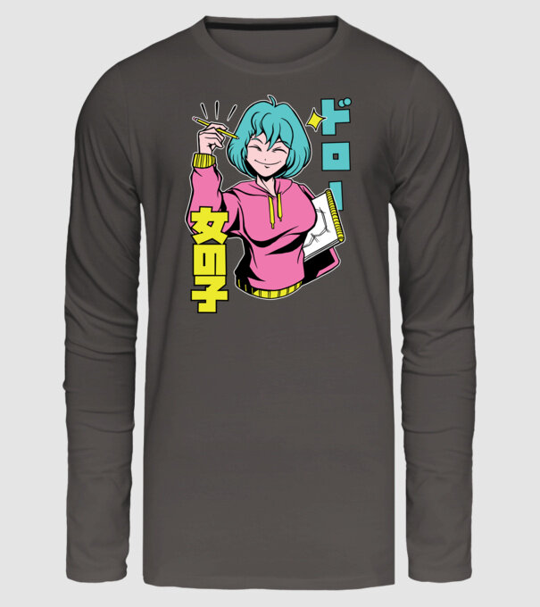 Anime fată desenând model gri închis pe tricou