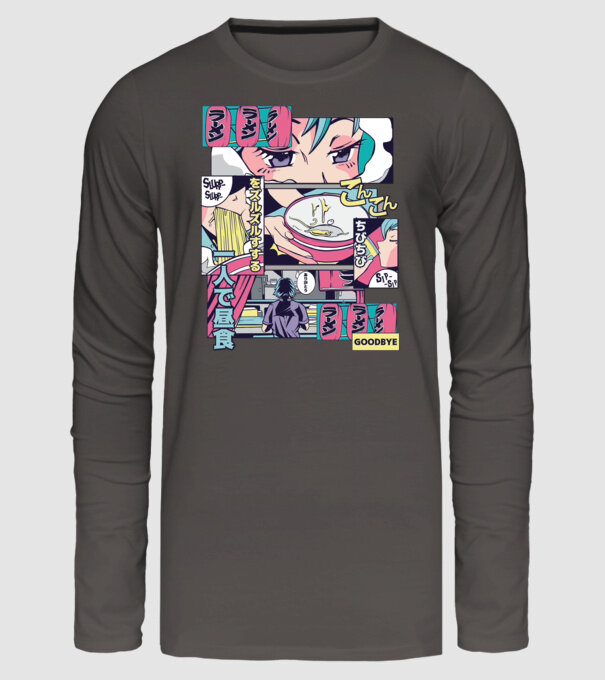 Anime Vaporwave Ramen model gri închis pe tricou