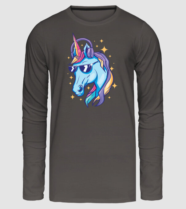 Unicorn strălucitor cu căști model gri închis pe tricou