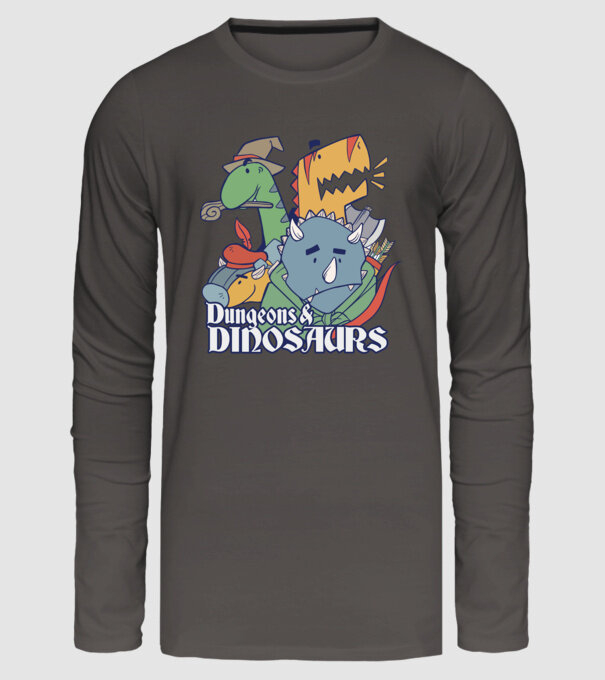 Dungeons and Dinosaurs model gri închis pe tricou