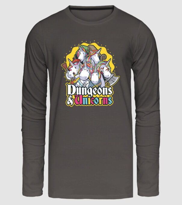 Dungeons and Unicorns model gri închis pe tricou