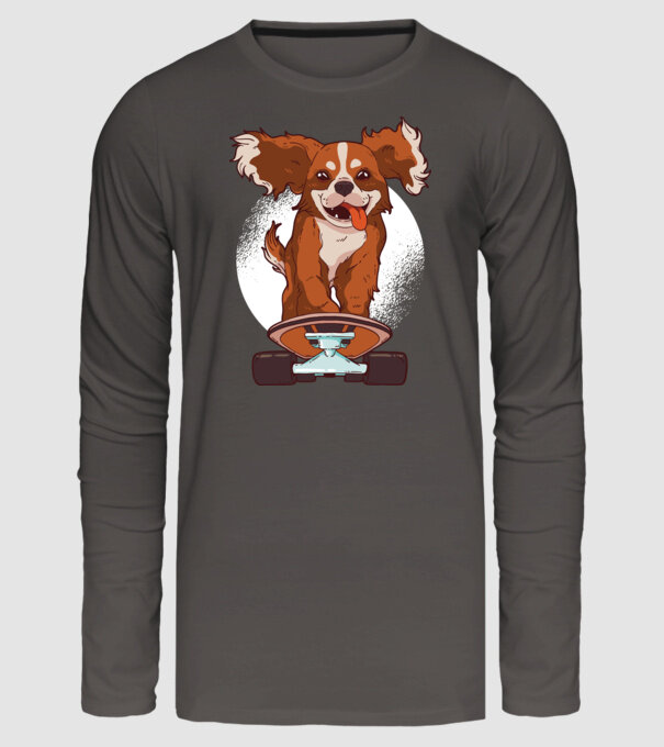 Skateboarding Cavalier King Spaniel model gri închis pe tricou