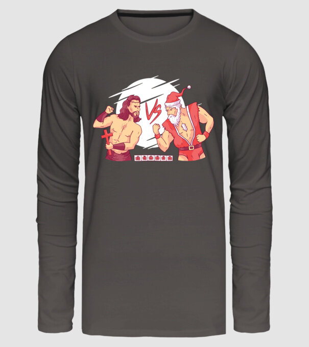 Isus vs Moș Crăciun Street Fighter tricou amuzant Crăciun model gri închis pe tricou