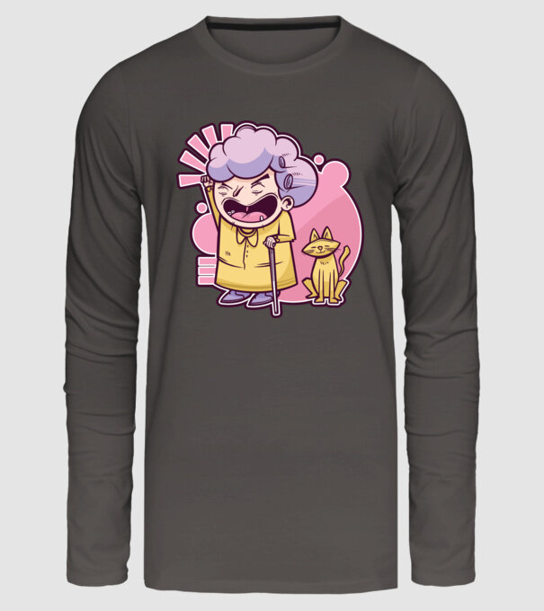 Bunică cu pisică model gri închis pe tricou