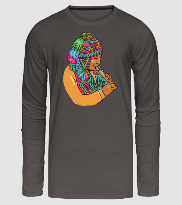 Muzician peruan indigen model gri închis pe tricou