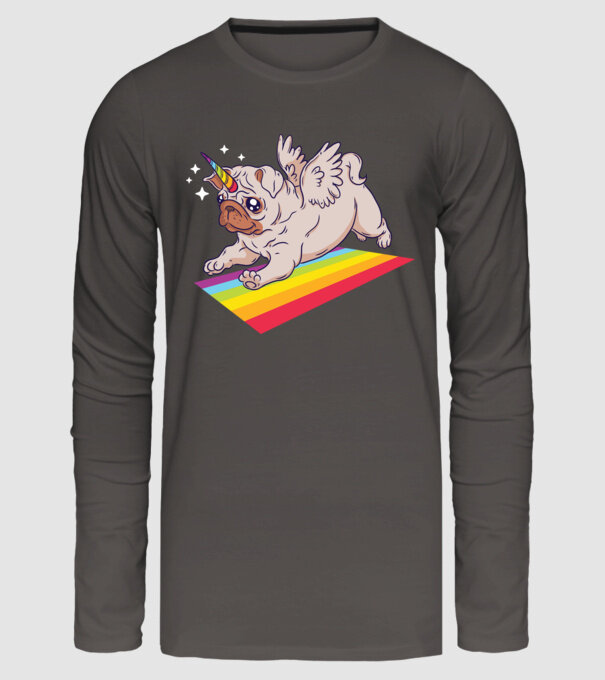 Pugicorn - mops unicorn model gri închis pe tricou
