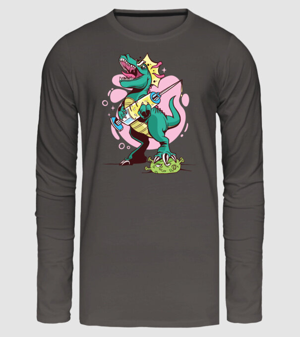 T-rex Vaccin model gri închis pe tricou
