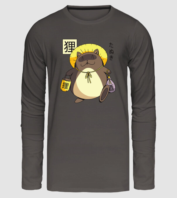 Tanuki Yokai model gri închis pe tricou