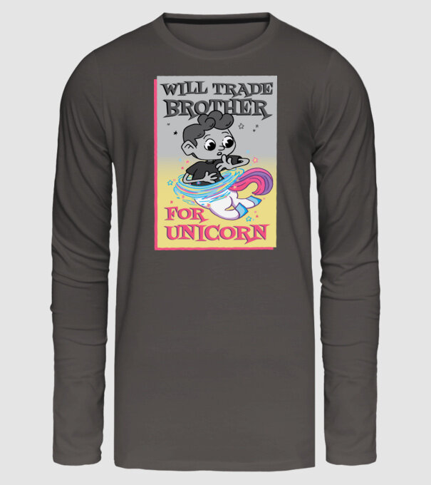 Îl ofer la schimb pe fratele meu pentru un unicorn model gri închis pe tricou
