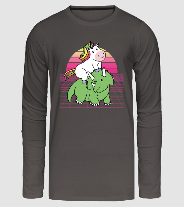 Unicorn pe dinozaur retro model gri închis pe tricou
