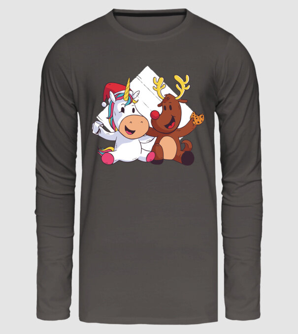 Unicorn și Ren prietenie tricou drăguț de Crăciun model gri închis pe tricou