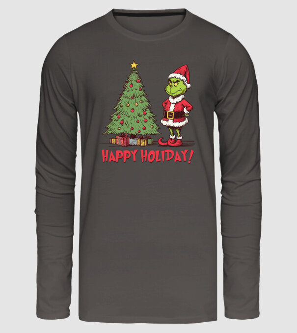 Happy Holiday Grinch model gri închis pe tricou