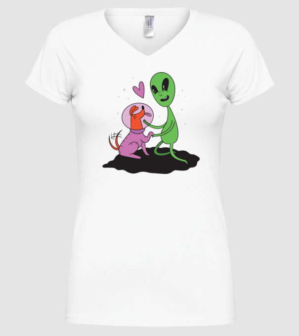 Alien cu câine model alb pe tricou