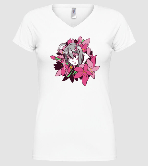 Anime fată printre flori model alb pe tricou