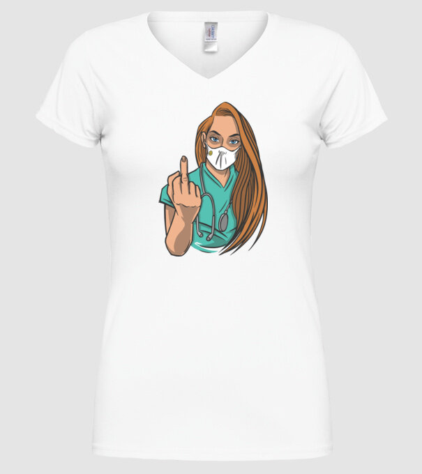 Asistentă medicală arată degetul model alb pe tricou