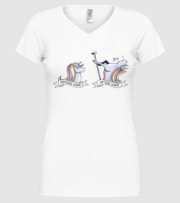 Înainte și după vin Unicorns model alb pe tricou