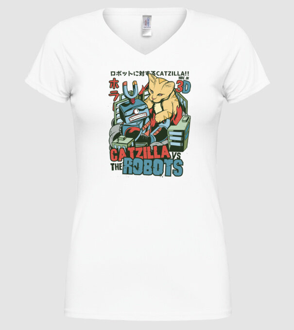 Catzilla Vs Robots model alb pe tricou